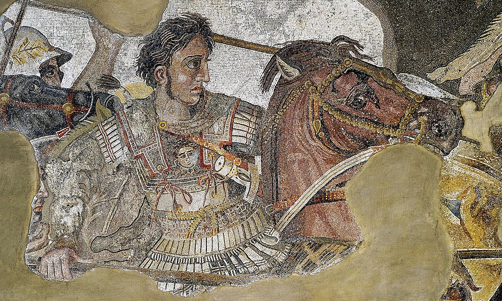 Mosaic showing the battle of Issus, detail showing Alexander the Great, circa 100 BC, Pompeii, Roman empire, perhaps after an earlier Greek painting of Philoxenus of Eretria (4th-3rd century BC)