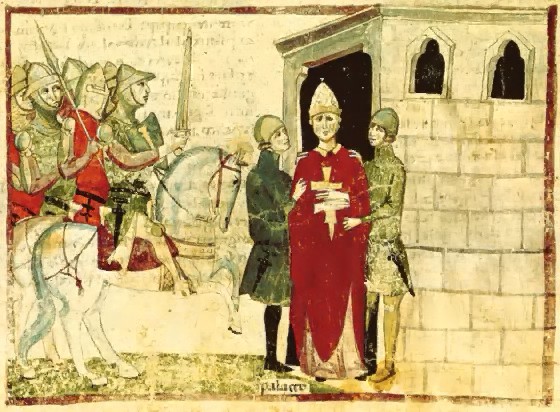 Nuova cronica illustration (attack of Pope Boniface VII at his Palace in Anagni, 1303), mid 14th century, Pacino di Buonaguida, Florence, Italy