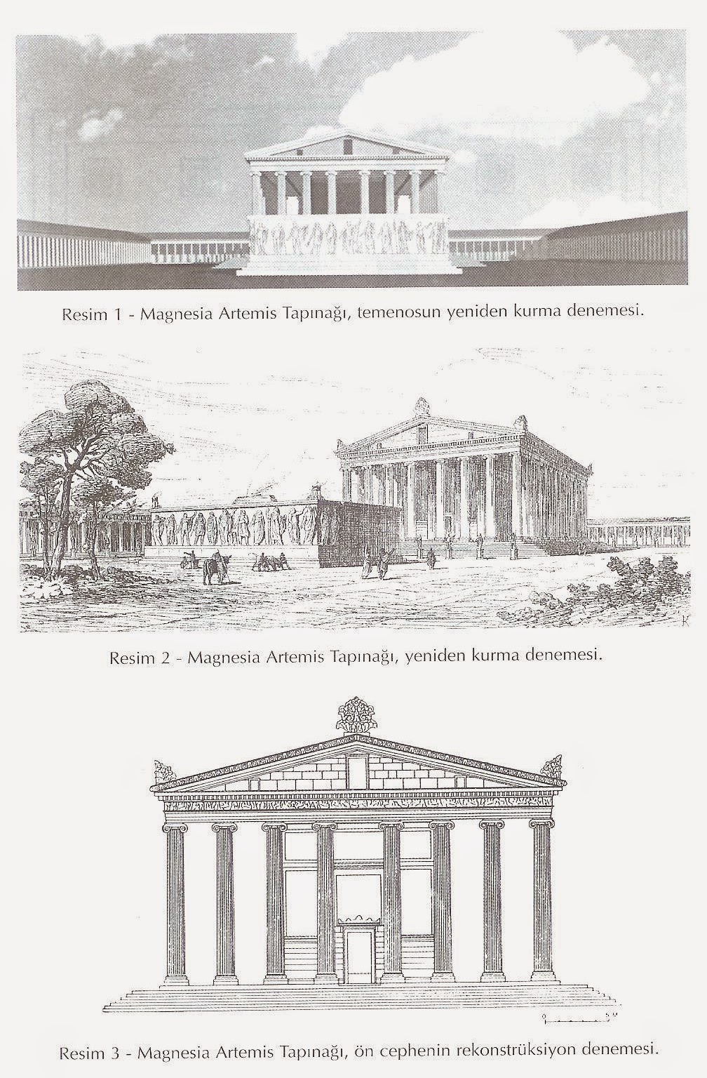 Suggested reconstructions of the temple of Artemis Leucophryene, 3rd-2nd century BC, Magnesia on the Maeander, Turkey