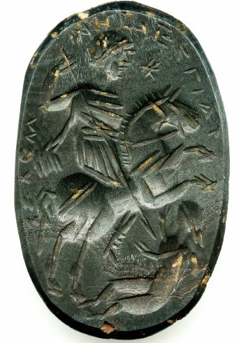 Magical gem with a rider on a rearing horse (Solomon) stabbing a woman lying on the earth (Lilith), 4th century