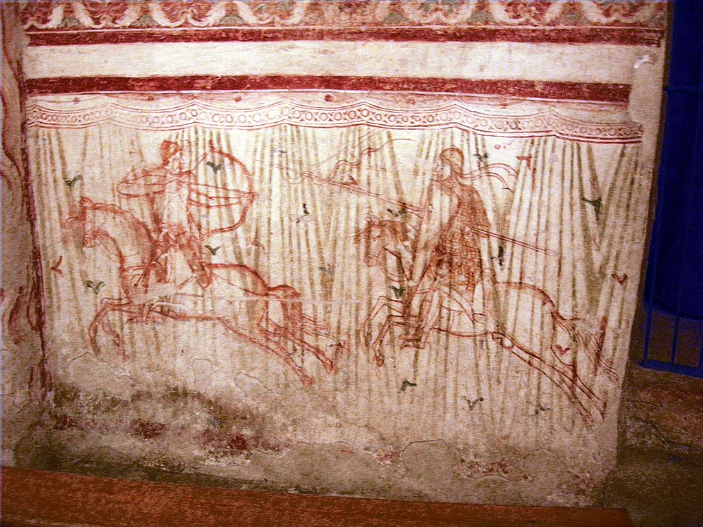 COMPARANDUM: Clash between an Arab knight and a Christian knight during the Crusades, fresco, 12th century, Patriarchal Basilica of Santa Maria Assunta, Aquileia, Italy