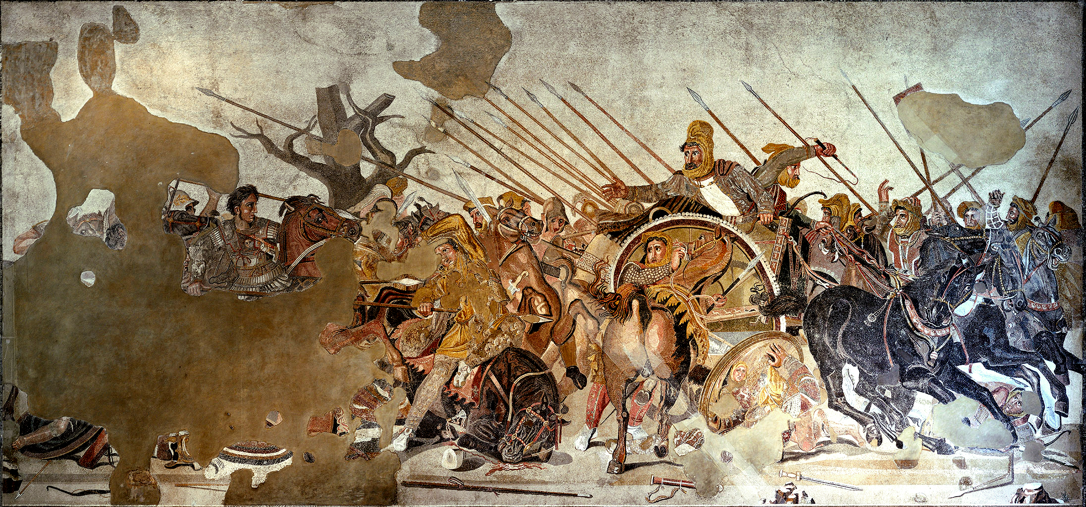 Mosaic showing the battle of Issus, circa 100 BC, Pompeii, Roman empire, perhaps after an earlier Greek painting of Philoxenus of Eretria (4th-3rd century BC)
