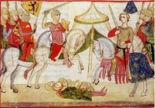 Nuova cronica illustration (battle of Mons-en-Pevele, 1304), mid 14th century, Pacino di Buonaguida, Florence, Italy