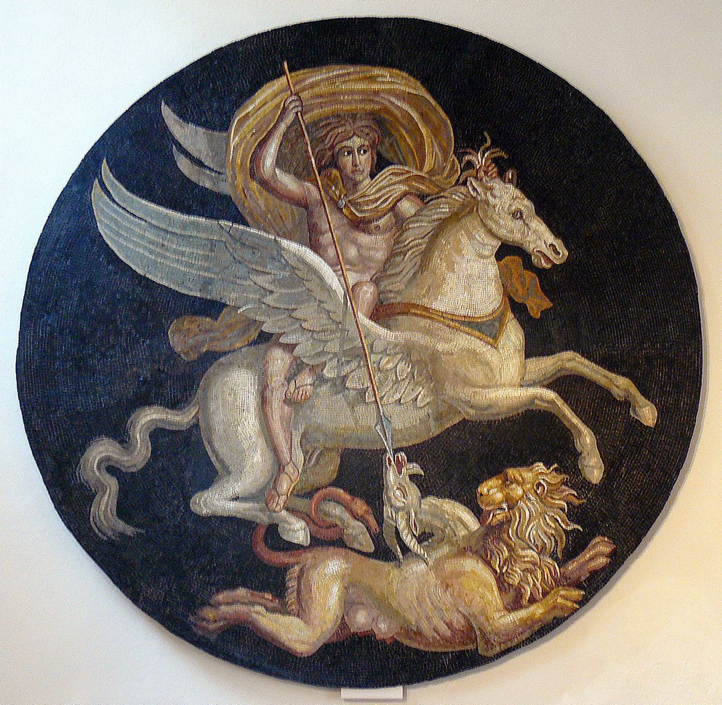 Mosaic depicting Bellerophon on rearing Pegasus trampling Chimaera, 2nd half of 2nd century BC, Autun, France (Roman culture)