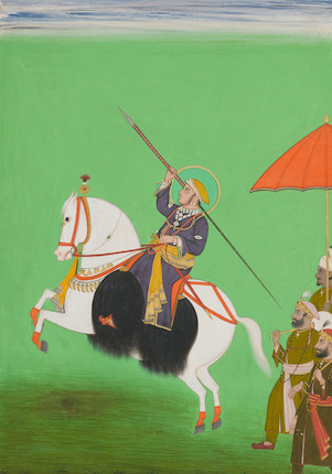 Maharana Shambhu Singh throwing a javelin, 1866, Tara, Mewar, India
