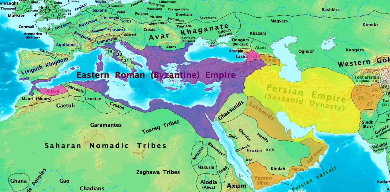 Map of Byzantine and Sassanid Empires in 600 AD