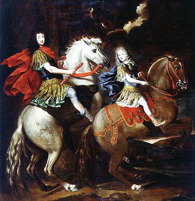Equestrian portrait of Carlo Emmanuele II of Savoy with his son and heir Vittorio Amedeo, Prince of Piedmont, 1673, Giovanni Battista Brambilla