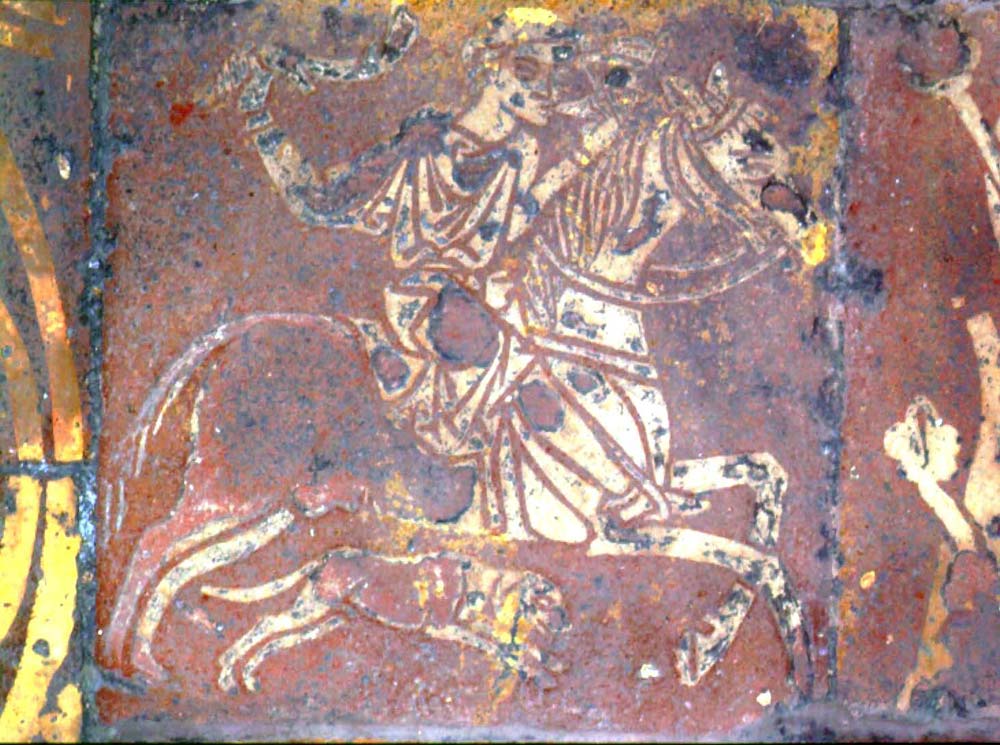 Inlaid tile showing a hunter on horseback and a dog, medieval, Chapter House, Westminster Abbey, London, U.K.