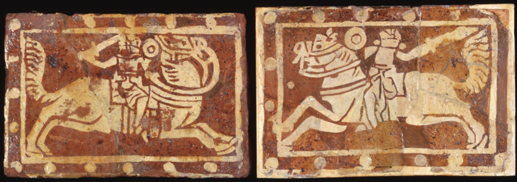Inlaid tiles showing the battle of Richard I and Saladin, cr. 1340, Neath Abbey, Wales, U.K.