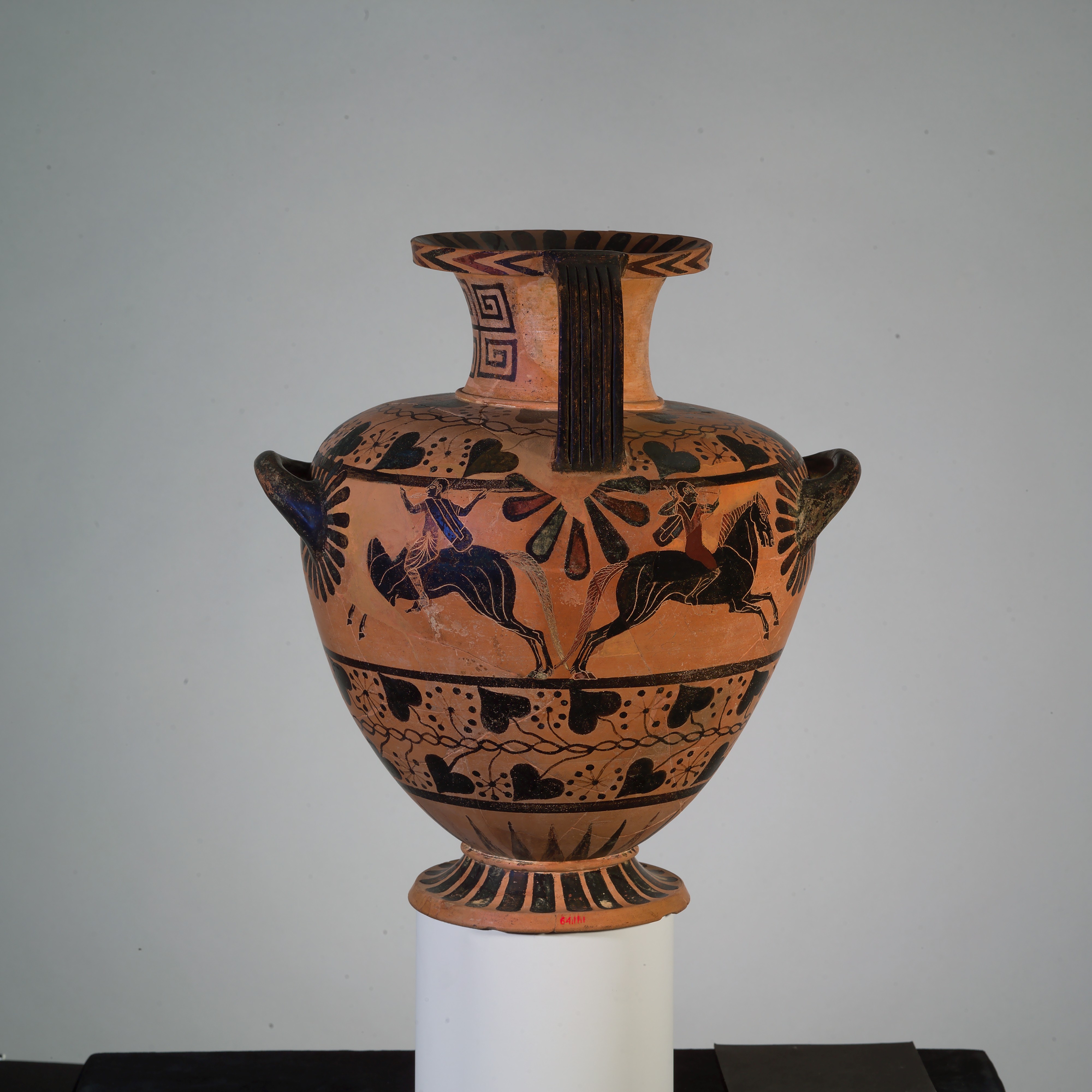 Terracotta hydria (water jar) with two horsemen, cr. 520–510 BC, Caere, Etruria