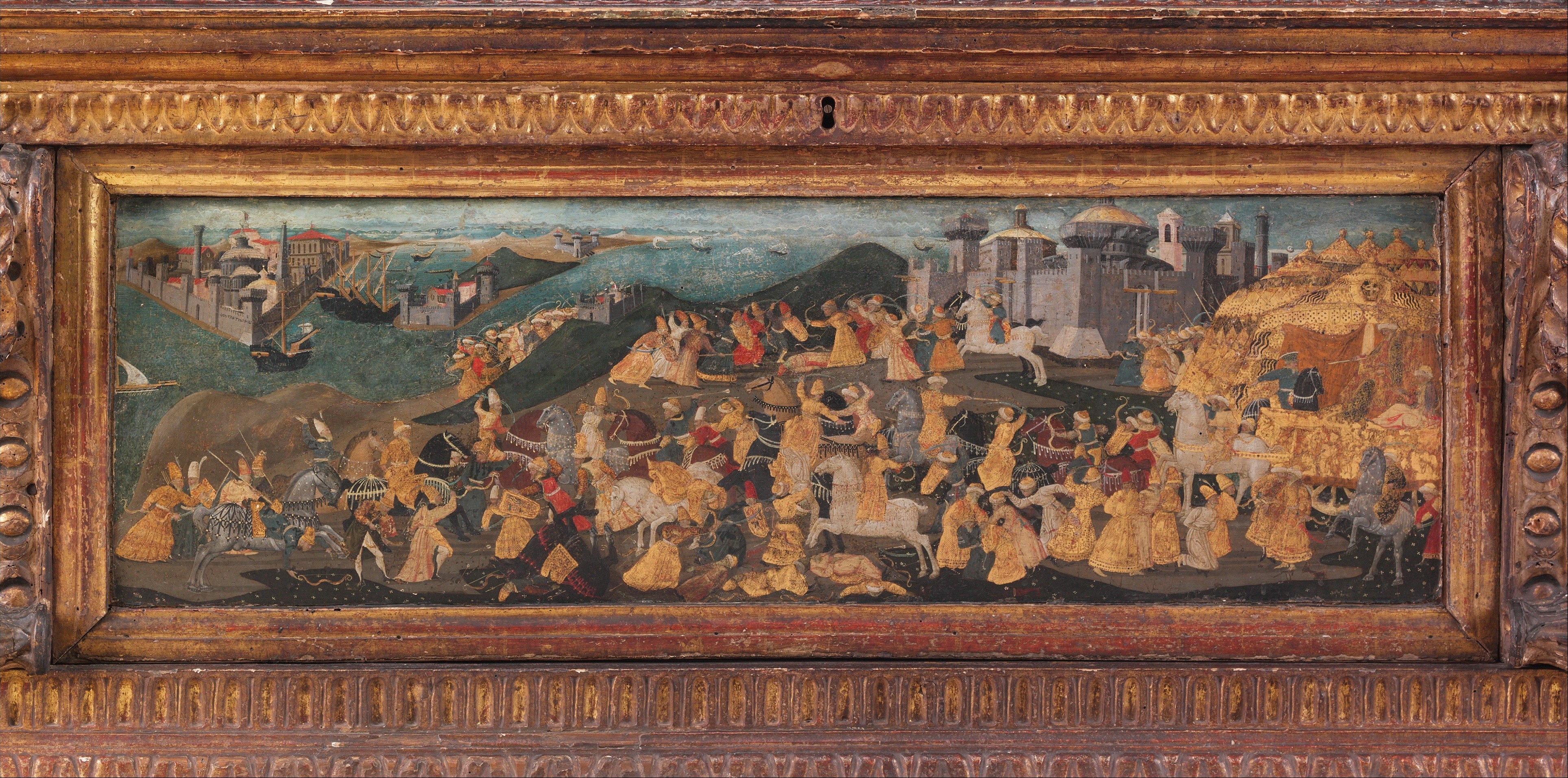 Cassone with painted front panel depicting the Conquest of Trebizond (detail), cr. 1461-5, workshop of Apollonio di Giovanni di Tomaso, Florence, Italy