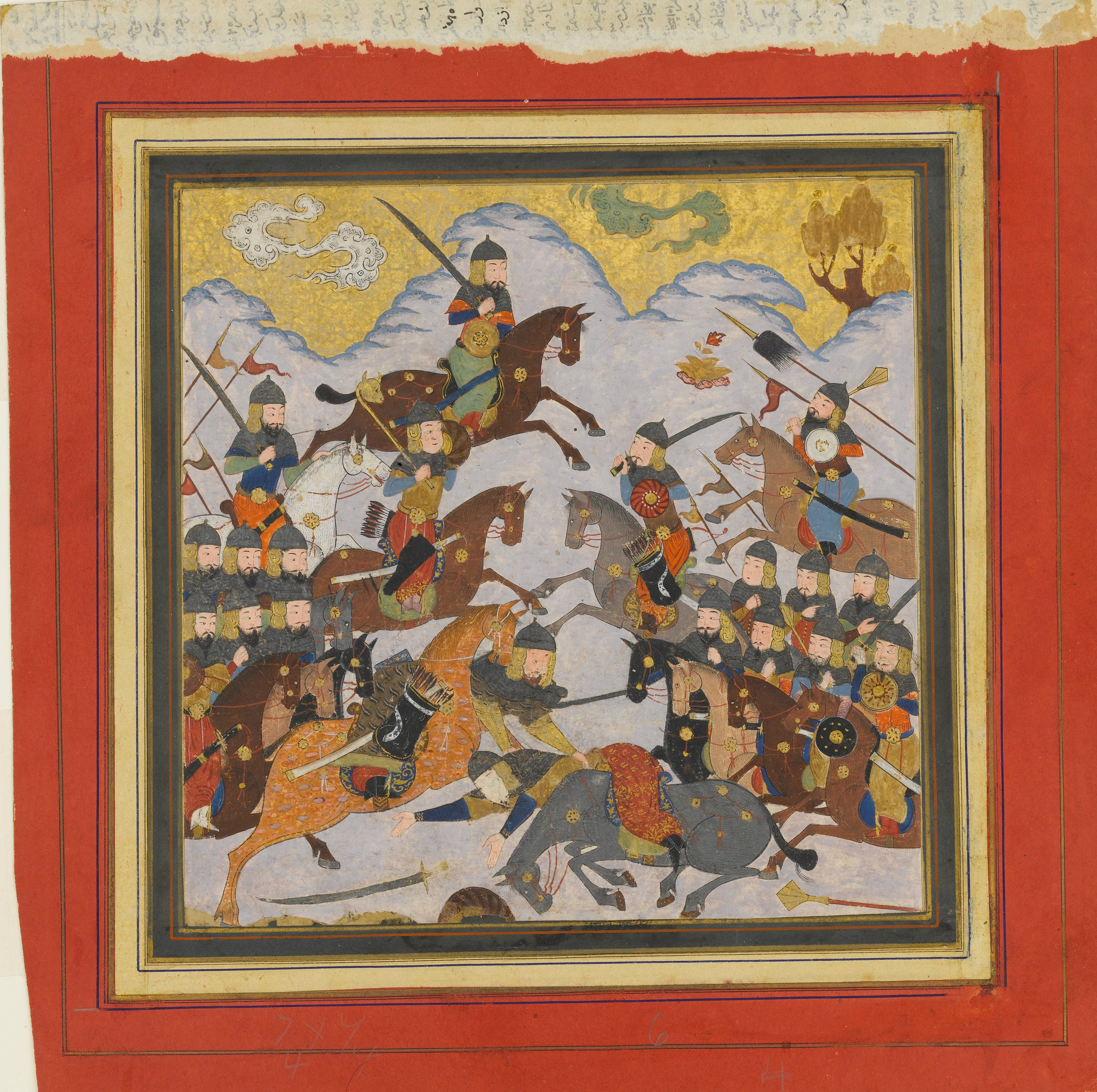 Rustam Seizes Afrasiyab by the Girdle and Lifts him from the Saddle, illustration of the Book of Kings by Ferdawsi, cr. 1430–40, India (?)