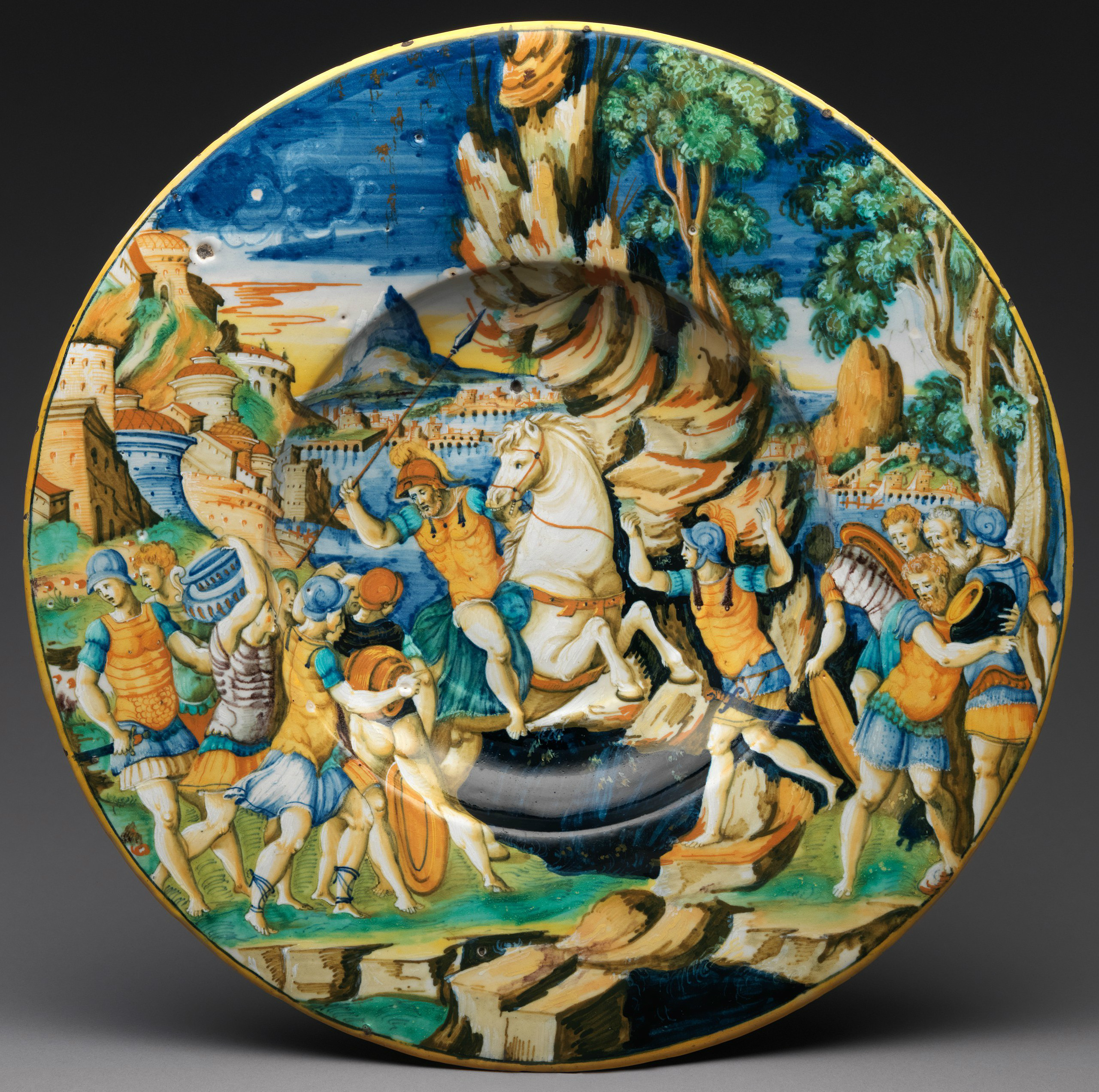 Plate with The Heroism of Marcus Curtius, 1542, workshop of Guido de Merlino, Urbino