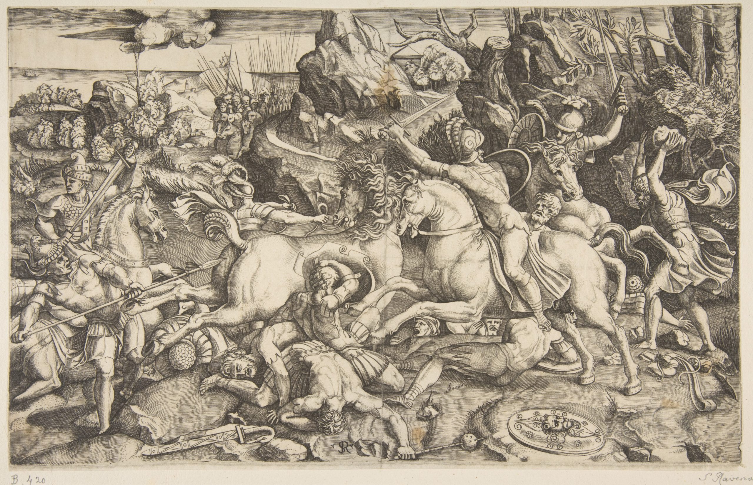 Battle scene in a landscape, after Raphael's designs for the fresco of 'The Battle of the Milvian Bridge', cr. 1520, Marco Dente, Italy