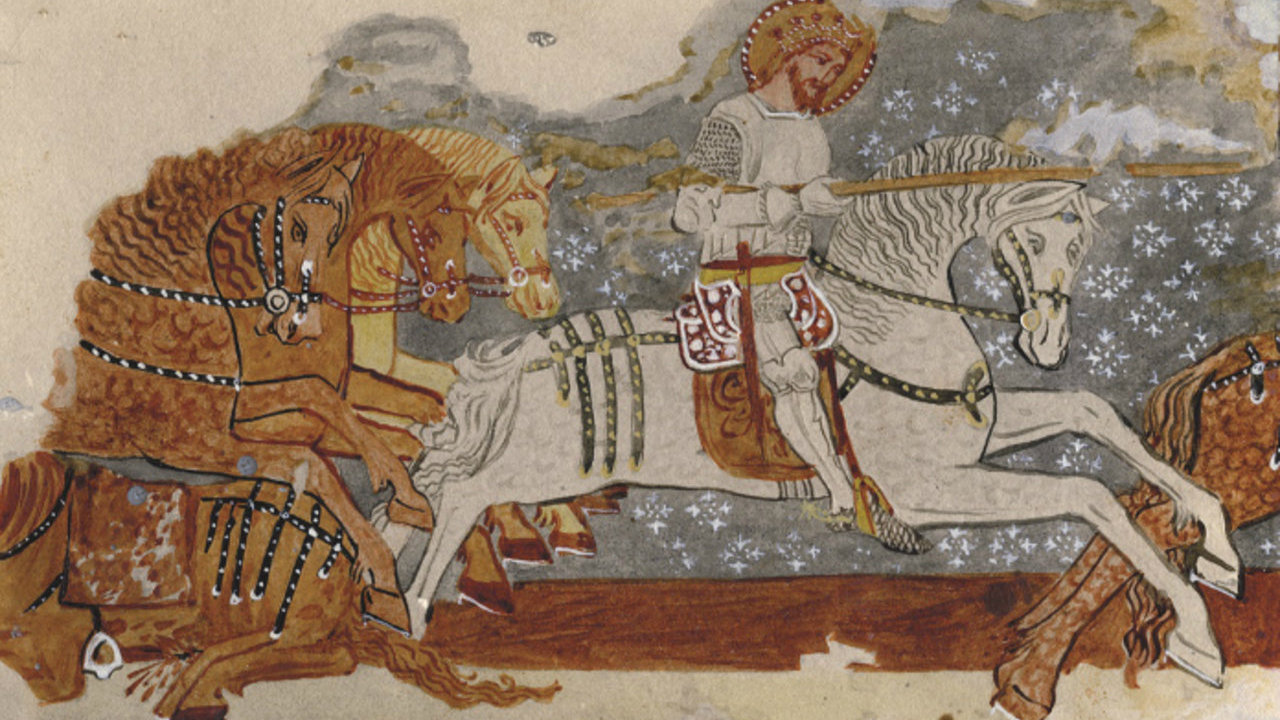 Ladislaus I of Hungary legend, fresco, 1419, Paul of Ung, fortified church of Dârjiu, Romania