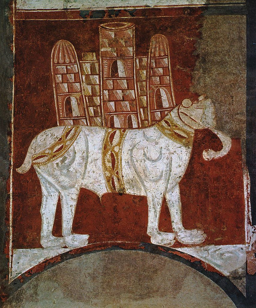 Elephant and Castle, fresco painting on mural transferred to canvas, cr. 1125, Hermitage of San Baudelio, Casillas de Berlanga, Soria, Spain