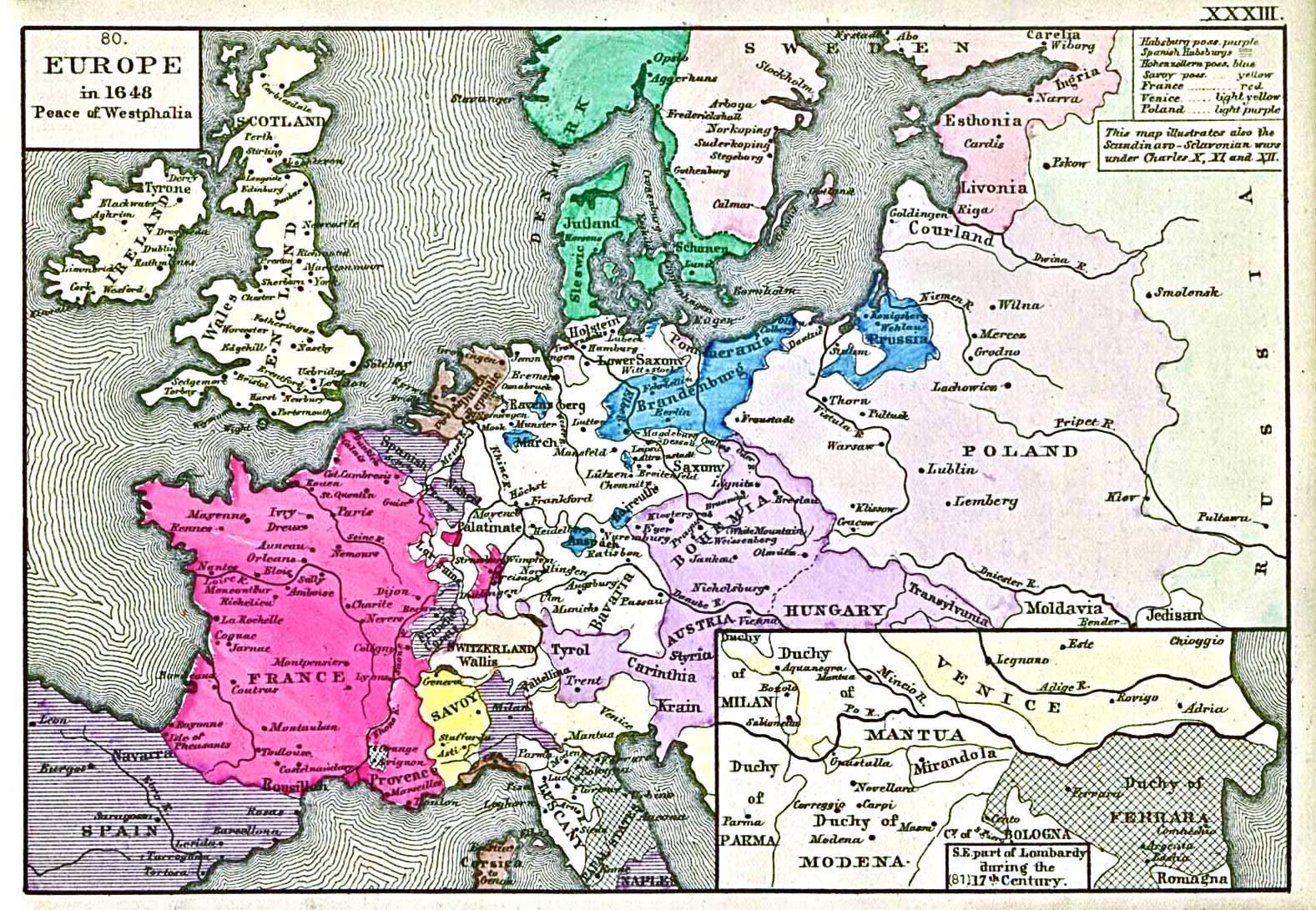 Map of Europe by the end of 1648, 1884, 'An Historical Atlas' by Robert H. Labberton