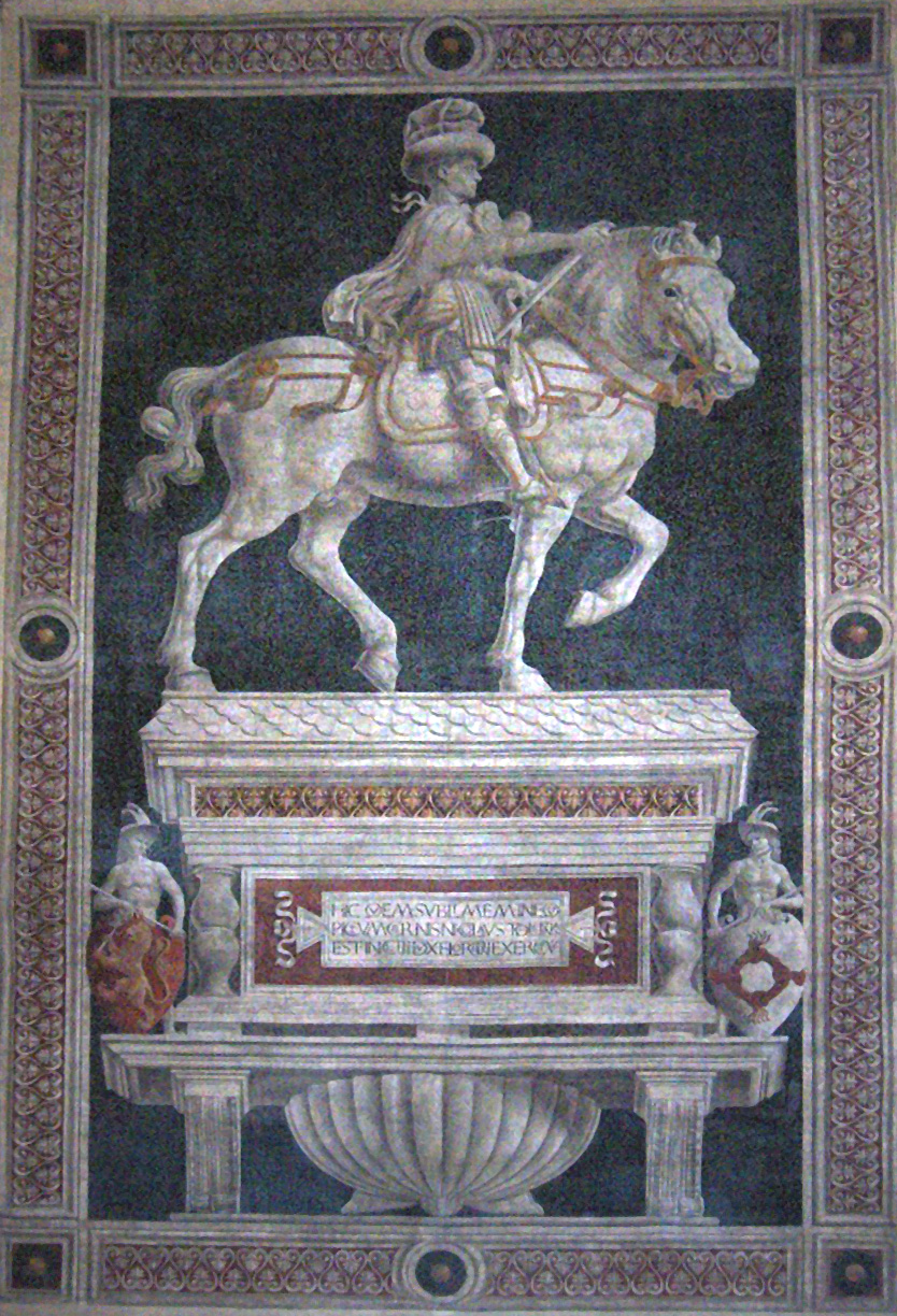 Painted Equestrian statue of Niccolò da Tolentino (fresco), 1456, Andrea del Castagno, Florence Cathedral, Italy
