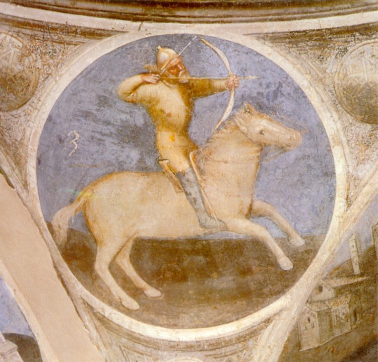 First Horseman of the Apocalypse, fresco in the Baptistry, 14th century, Giusto de' Menabuoi, Padua, Italy