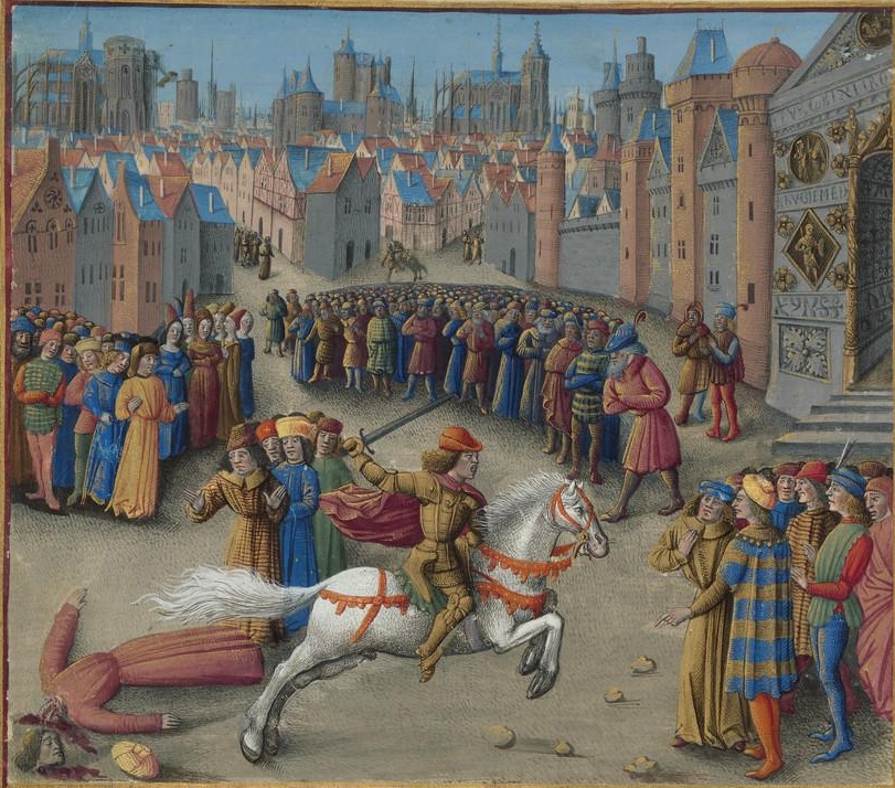 Murder of Stephen Hagiochristophorites by Isaac II Angelos, 11 September 1185, illustration to Passages d'outremer, 1472-75, Jean Colombe, Paris, France
