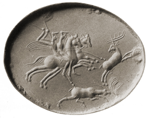 Two horsemen and a hound attack stags, ??, Greco-Persian