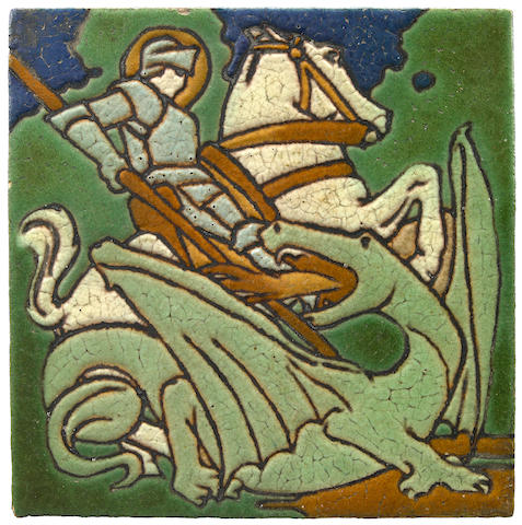 ARTS AND CRAFTSCuenca and cuerda seca floor tile depicting St George and the dragon, cr. 1900, Grueby Faience Company, U.S.A.