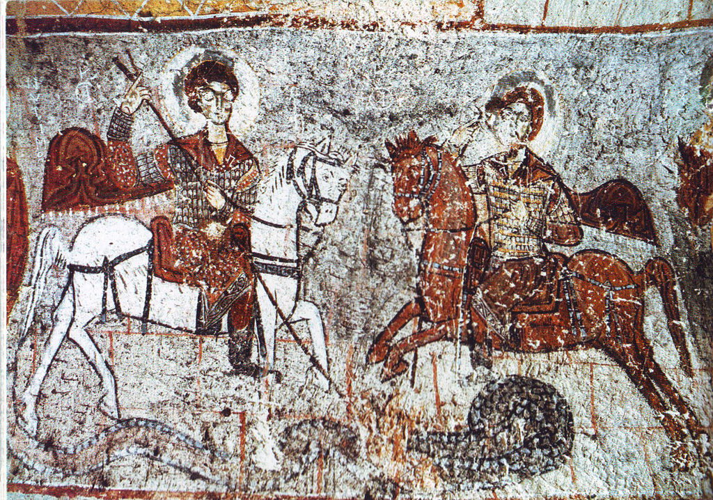 Saint George and Saint Theodore of Amasea, killing the dragon, Frescoes on a wall of cave church, 12th century, Yilanli Church, Goreme, Cappadocia, Turkey