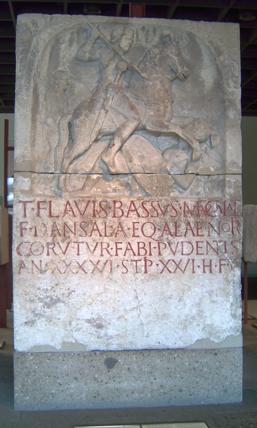 Tombstone for Roman cavalryman Titus Flavius Bassus, 1st century AD, discovered in Cologne, Germany