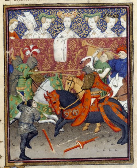 Ladies watching knights jousting, illustrating 'Le Duc des vrais amants', from a collection of works presented in 1414 by Christine de Pizan to Isabeau of Bavaria, 1410 - cr. 1414, Paris (?), France