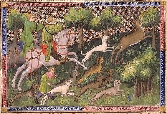 Hart-hunting with greyhounds and raches, illustration of The Hunting Book of Gaston Phebus, early 15th century, France