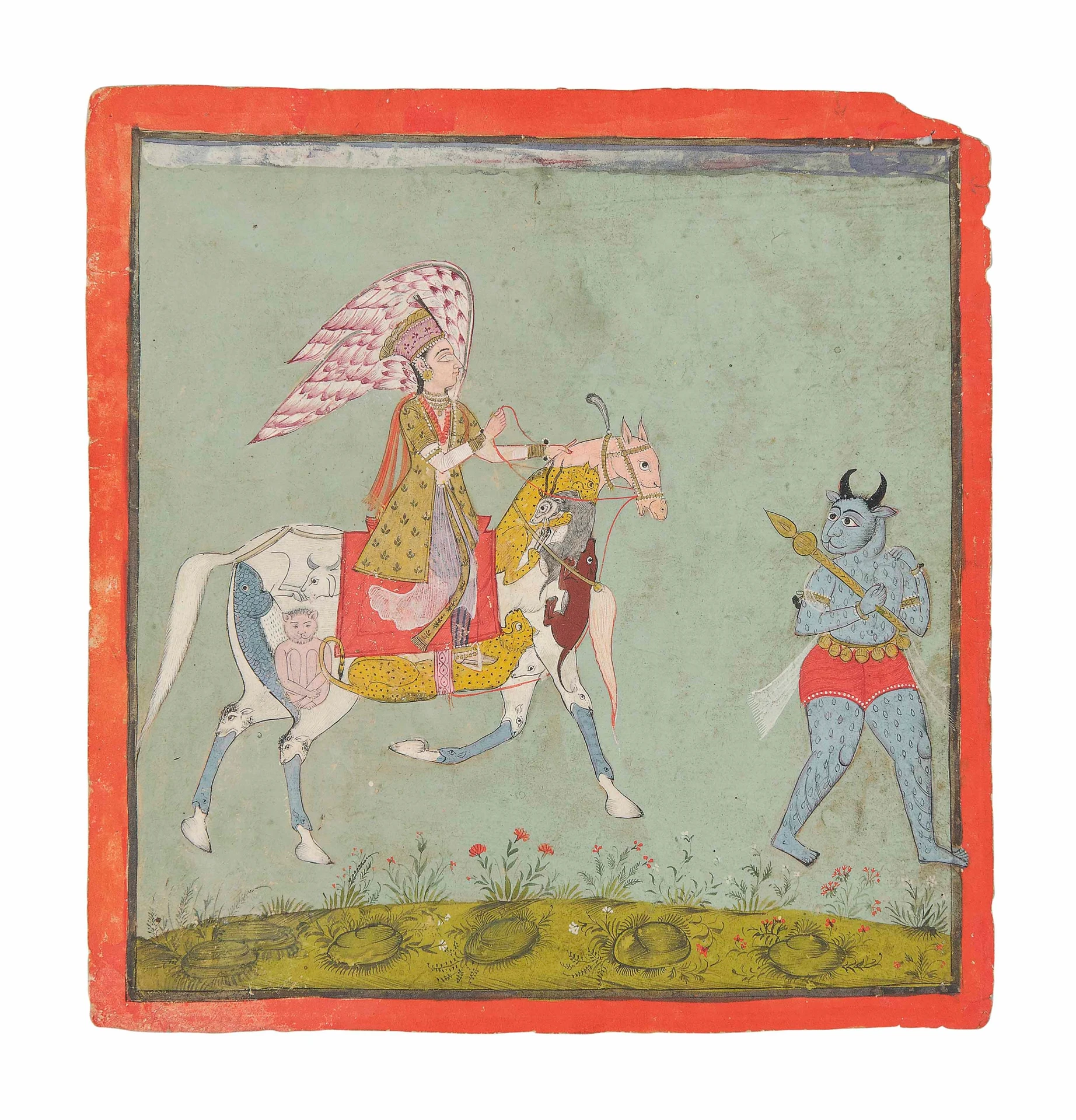 A peri riding a composite horse, circa 1700, Pahari school, possibly Basohli or Mankot, North India