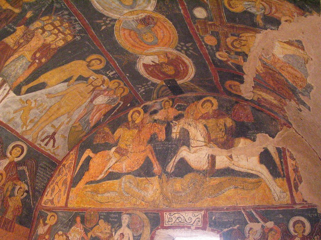 Saint George and Saint Theodore of Amasea, killing the dragons, Frescoes on a wall of cave church, cr. 1212, Saint John's Church, Gülşehir, Cappadocia, Turkey
