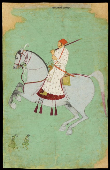 Maharaja Dhiraj Singh riding, cr. 1700, Raghugarh, India