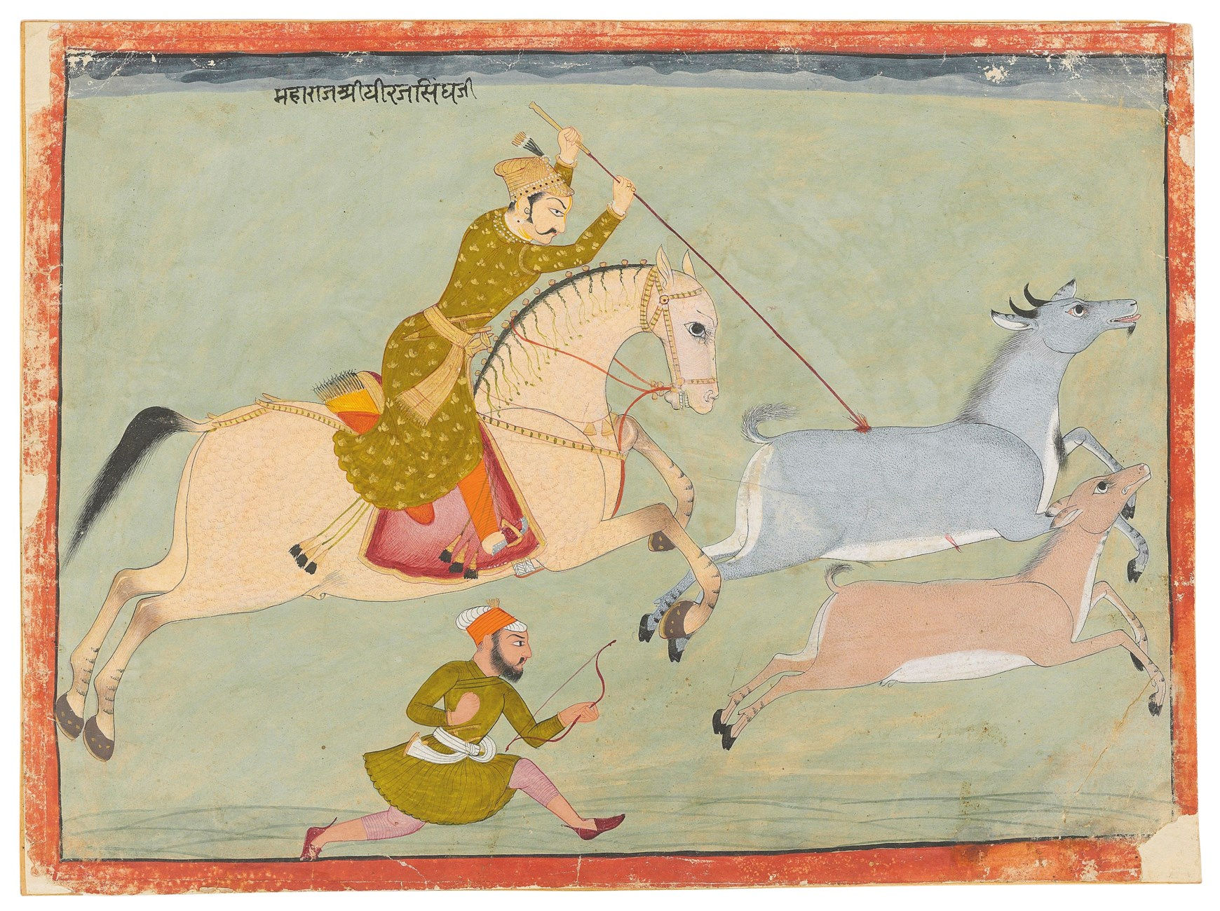 Maharaja Diraj Singhji hunting nilgais, early 18th century, Raghugarh, Rajasthan, North India