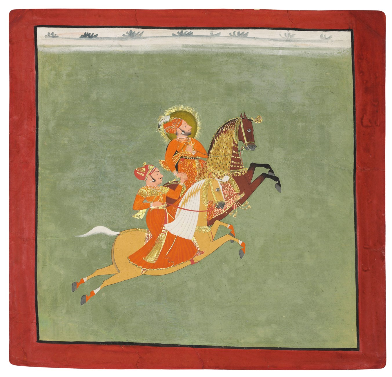 Maharana Ari Singh of Mewar (r. 1762-72) riding with a companion, cr. 1765-66, Jugarsi, Mewar, Rajasthan