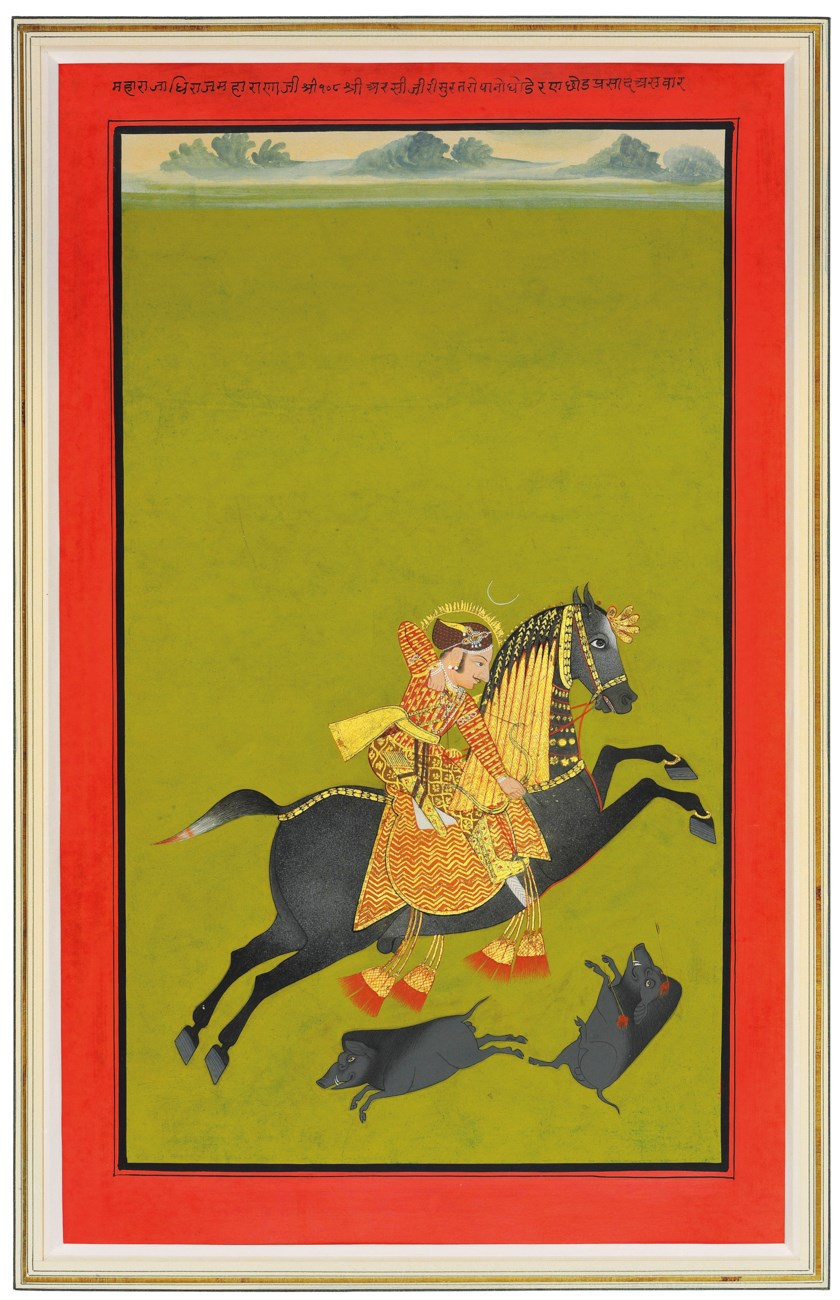 Maharana Ari Singh (r. 1762-72) hunting boar, cr. 1763-64, ascribed to Deva, Mewar, Rajasthan, India