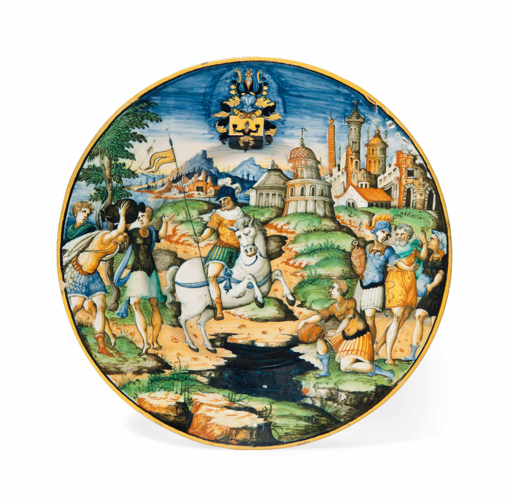 A maiolica plate from the Scheuffelin service showing the sacrifice of Marcus Curtius, cr. 1560, Urbino