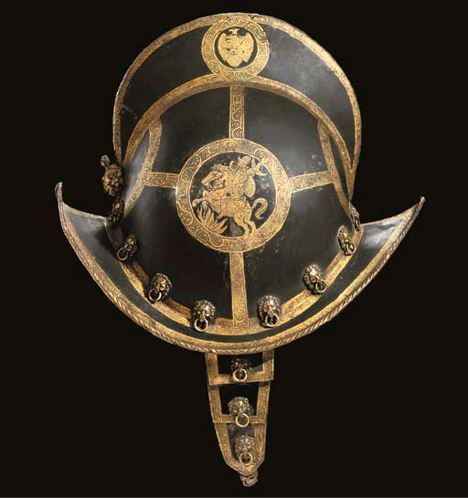 A morion of a guard of the Prince Electors of Saxony showing Marcus Curtius sacrifice, cr. 1580-91, Dresden