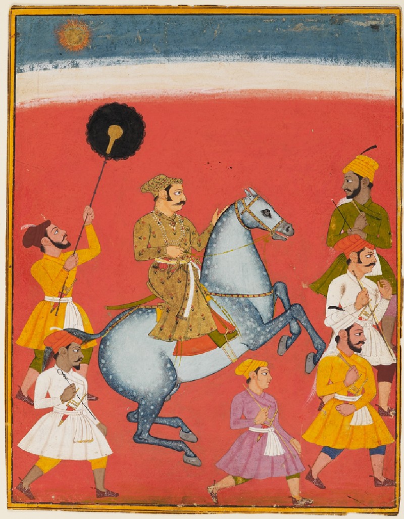 Maharana Raj Raj Singh I, Maharana of Mewar (ruled 1652 - 1680), riding, cr. 1670, probably Udaipur, Mewar, North India