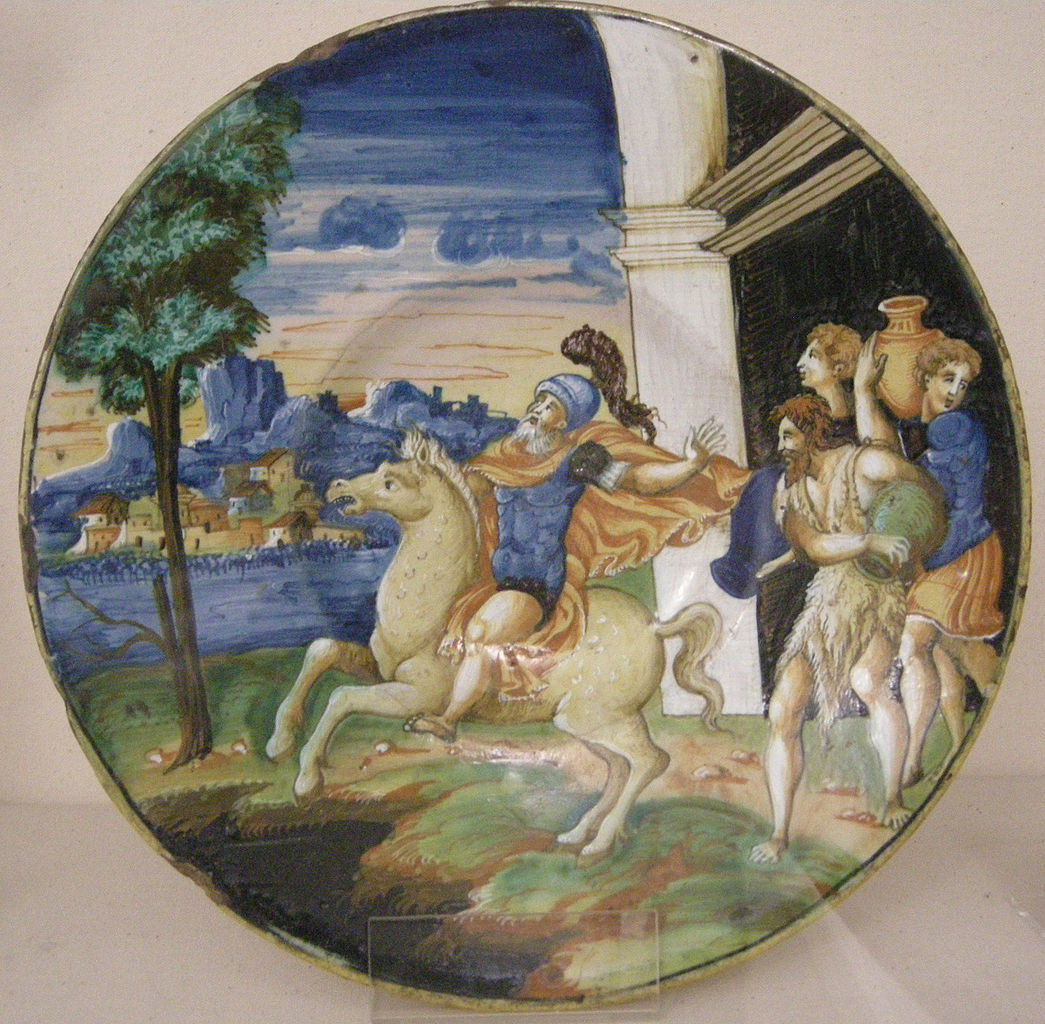 Maiolica plate showing Marcus Curtius leaping into the abyss, 1544, Urbino