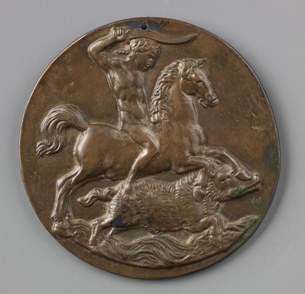 Plaquette depicting Meleager on horseback hunting the Calydonian Boar, 16th century, later cast, Pseudo-Melioli, Italy