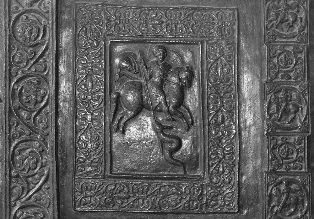 St. George killing the dragon, detail of the bronze North door, cr. 1190, Monreale Cathedral, Sicily