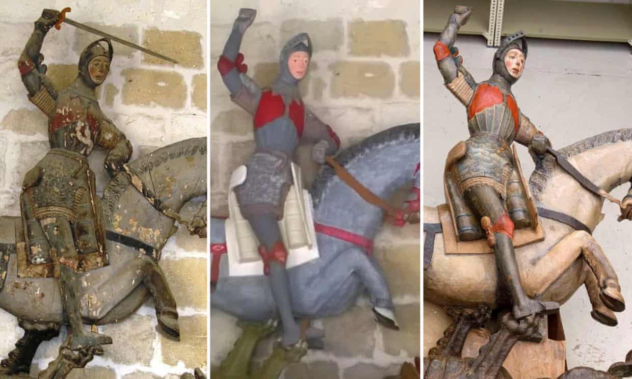 Statue of Saint George at the church of Estella, 16th-century, before 2018 restoration, after 2018 restoration and after 2019 restoration, Spain
