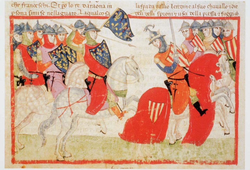 Nuova cronica illustration (Peter III of Aragon is wounded, 1285), mid 14th century, Pacino di Buonaguida, Florence, Italy
