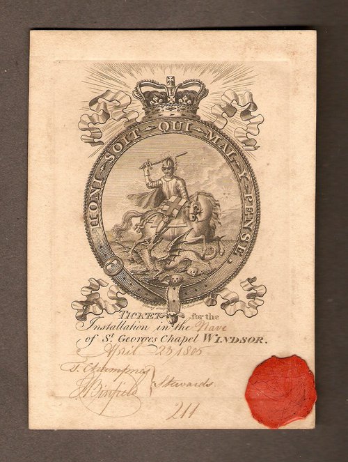Order of the Garter Ticket, 1805, engraved by Ottway, 27 Barbican, London