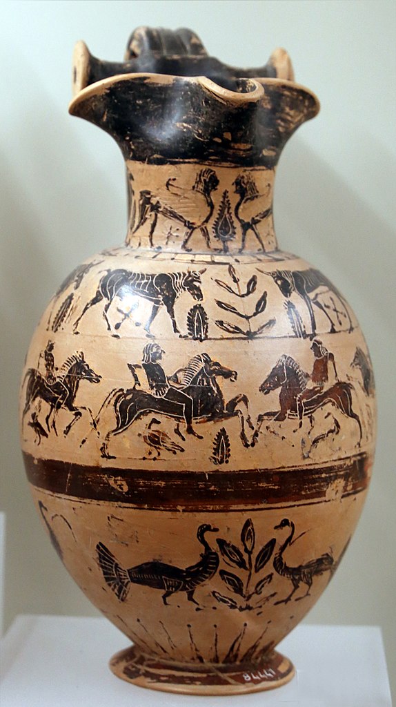 Oinochoe showing galloping cavalrymen, 540-510 BC, Etruria