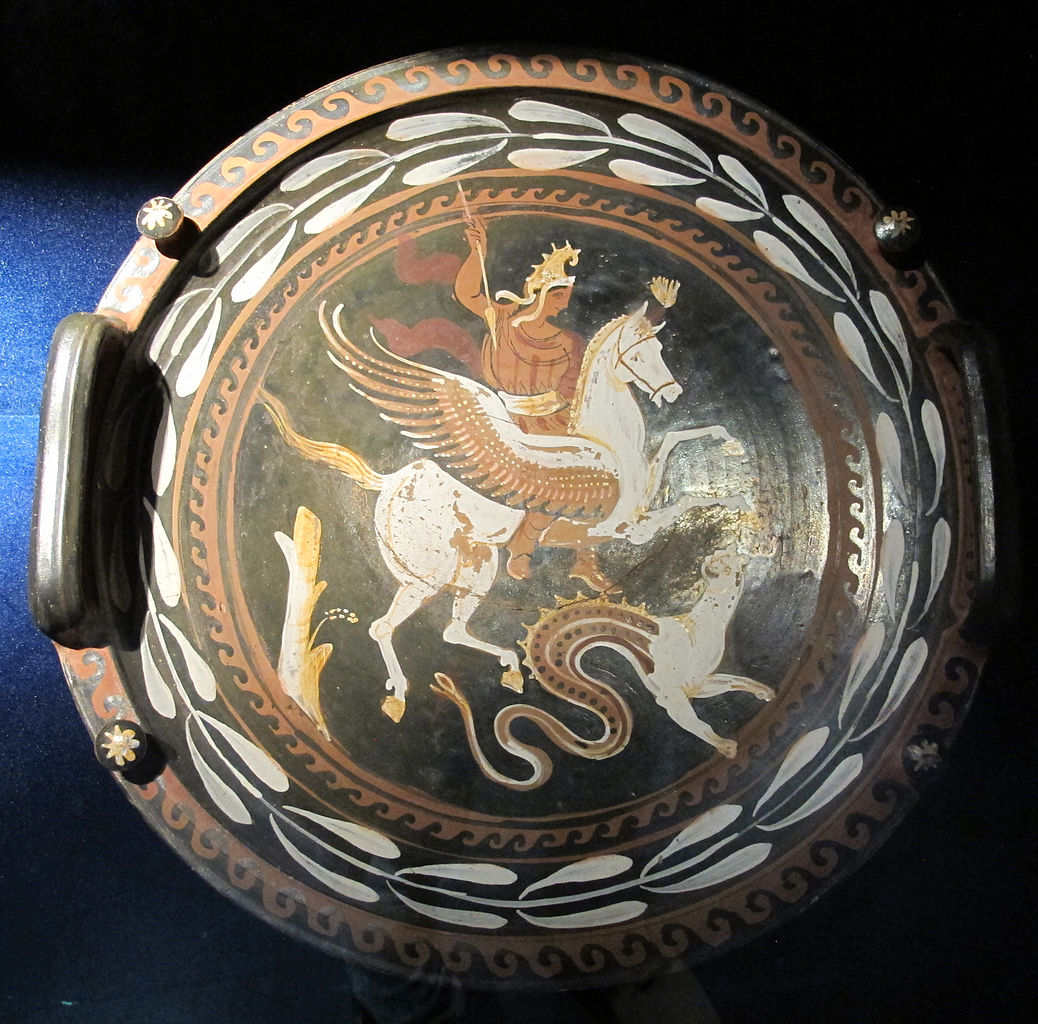 Plate with Bellerophon and Pegasus, cr. 350-300 BC, Apulia, Italy (Greek culture)