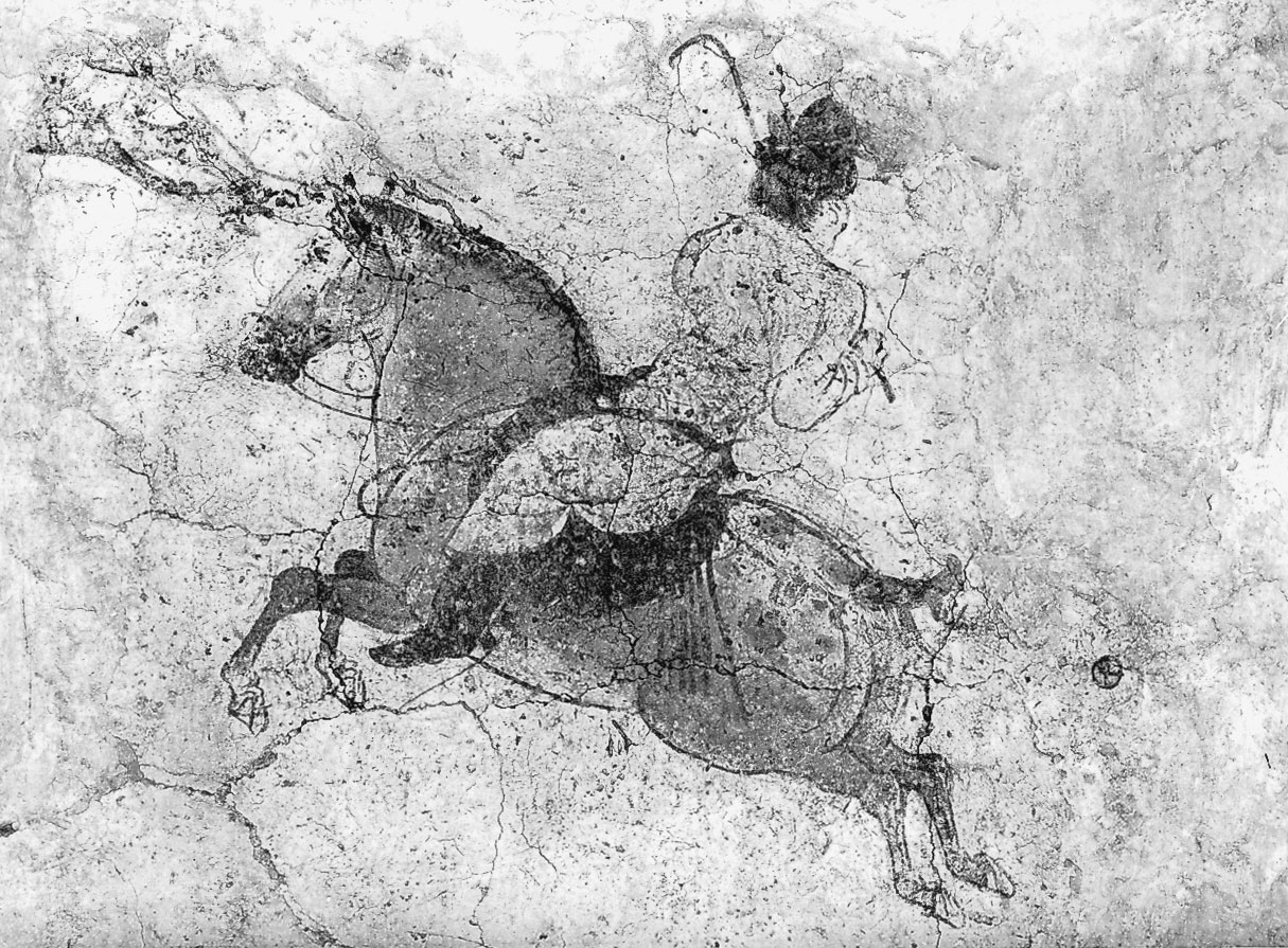 COMPARANDUM: Polo player, detail of a mural from the tomb of Li Xian (the crown prince Zhanghuai), 706, near Xianyang, Shaanxi province, China