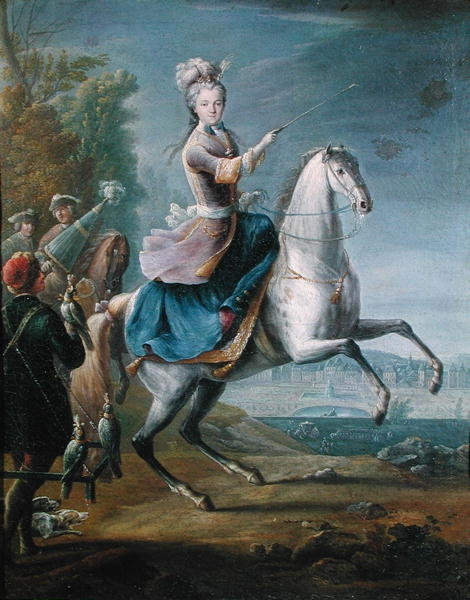 Portrait of Marie Leczinska in front of the palace of Fontainebleau, 1725, Jean-Baptiste Martin