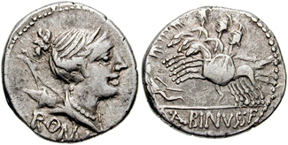 Postumia denarius showing three horsemen over fallen warrior on reverse, minted in 96 BC, Roman Republic